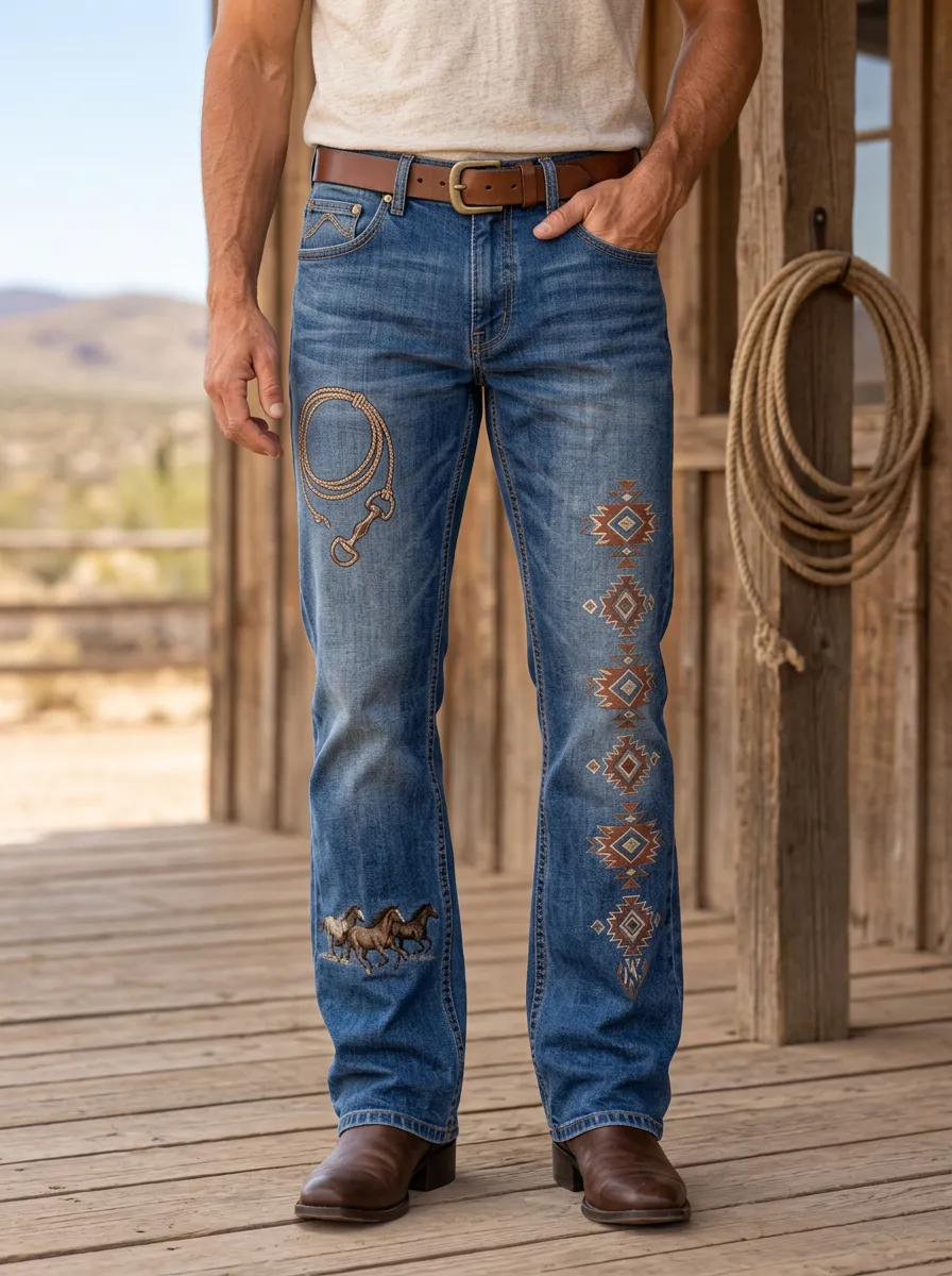 Men's Heritage Inspired Western Cowboy Horse Lasso Southwestern Jeans
