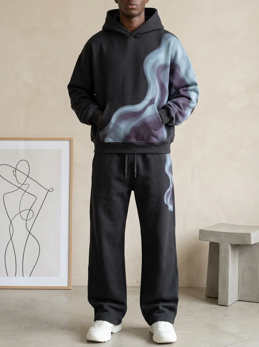 Men's Streetwear Abstract Smoke Printed Hoodie Sweatpants Set