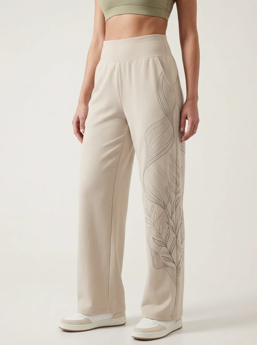 Women's Botanical Minimalist Leaf Line Art Graphic Wide Leg Pants