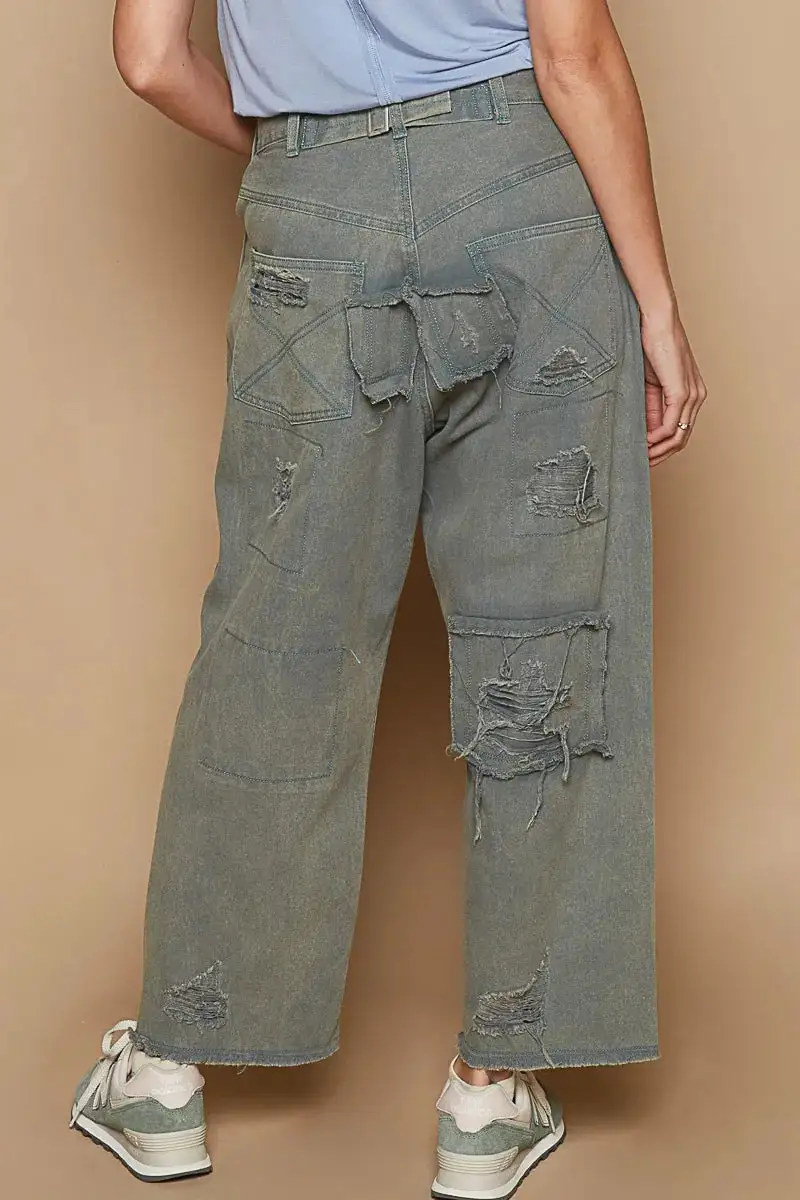 Wide Leg Distressed Cropped High Waist Pants