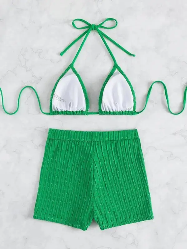 Lace Up Textured Coordinated Bikini Swim Set