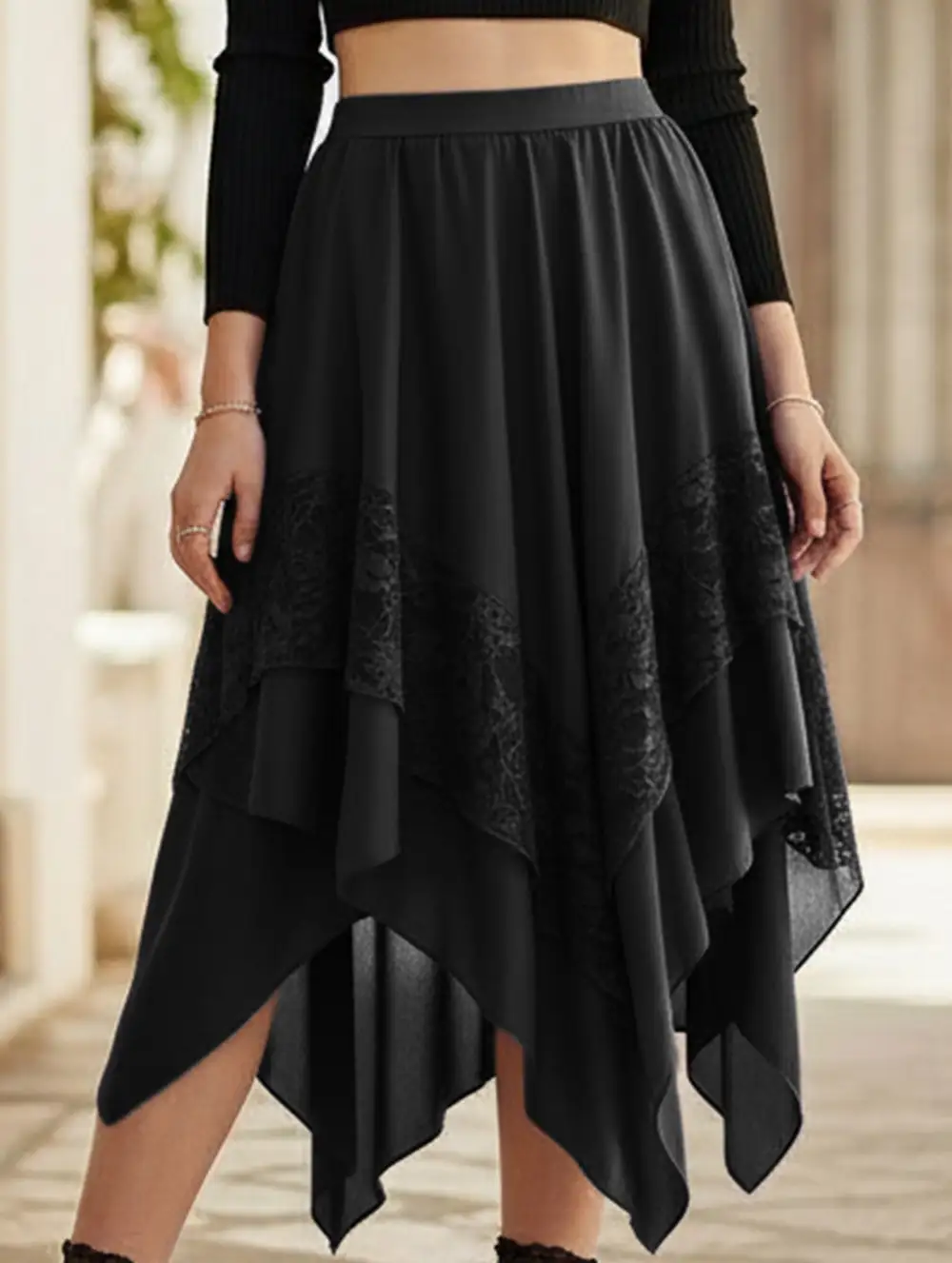 Lace Asymmetric Midi Skirt
