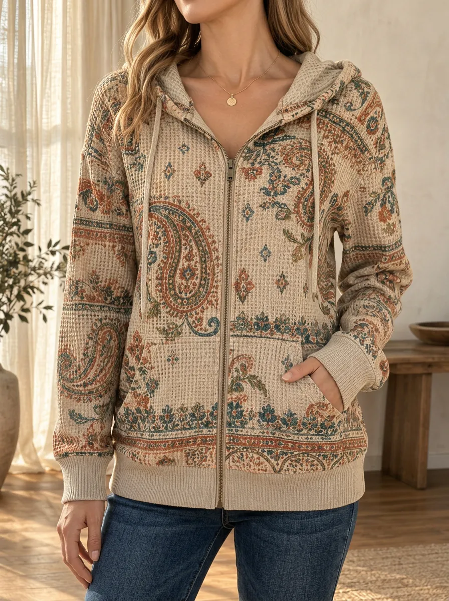 Women's Boho Paisley Pattern Signature Print Waffle Zip-Up Hoodie