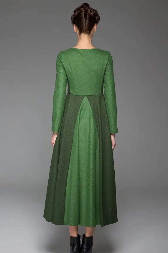 Relaxed Wool Blend Pleated Long Sleeve Maxi Dress