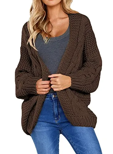 Womens Open Front Long Sleeve Chunky Knit Cardigan Sweaters Loose Outwear Coat