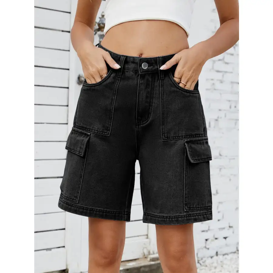 High Waist Pocketed Cargo Denim Shorts
