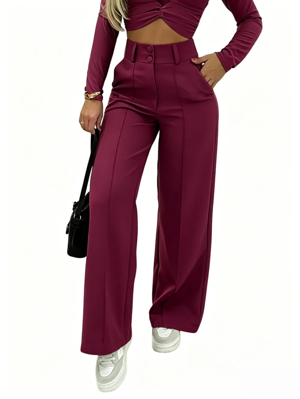 Women's Wide-Leg Pants with Double Button Front Office Trousers