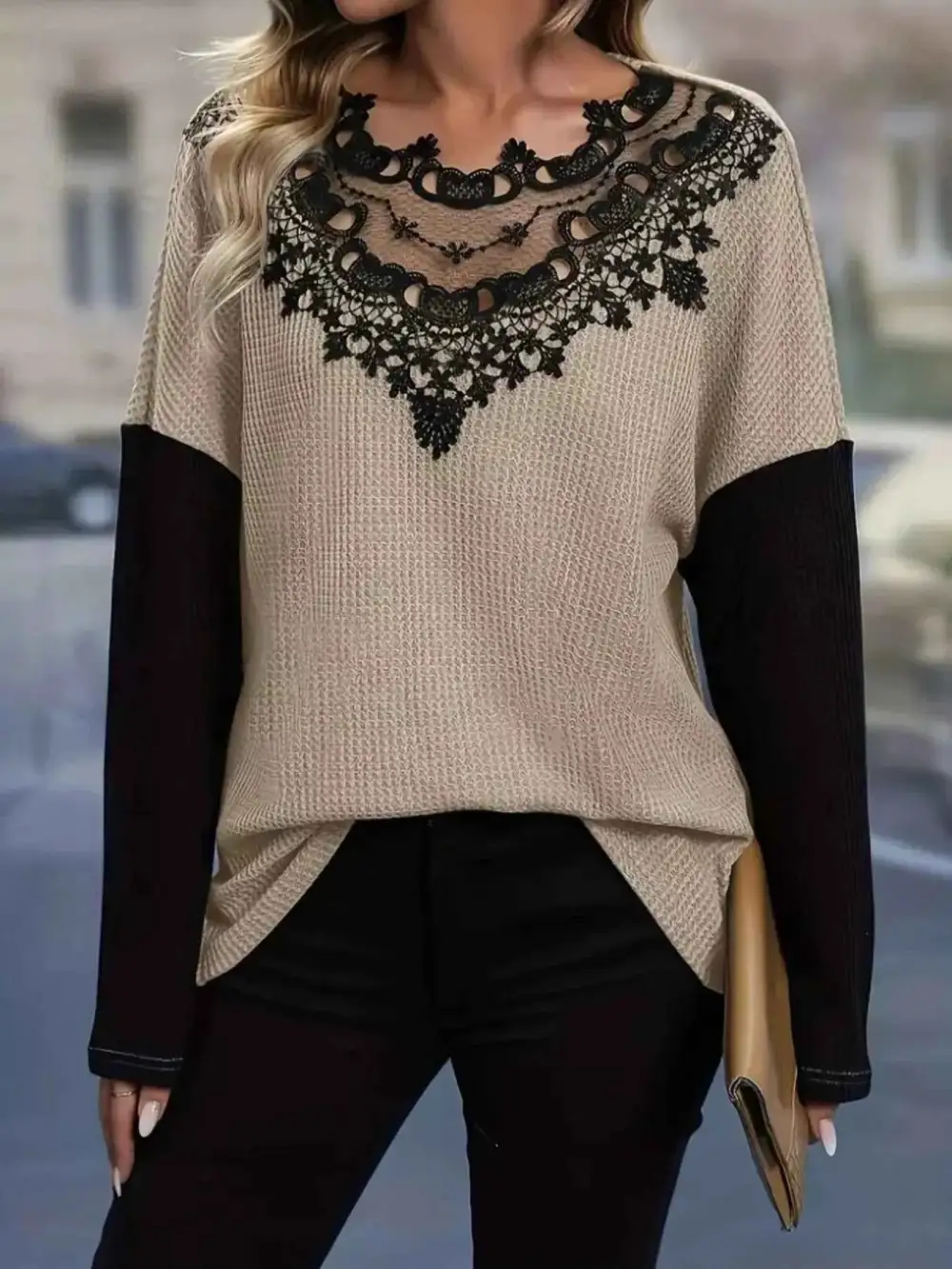 Lace Detail Block Long Sleeve T-Shirt