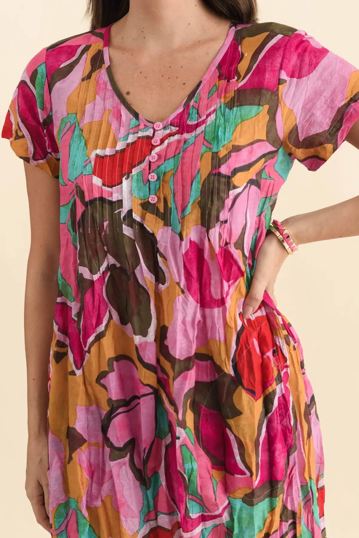 Above-Knee Floral Cotton Button-Front Pocket Pleated V-Neck Dress