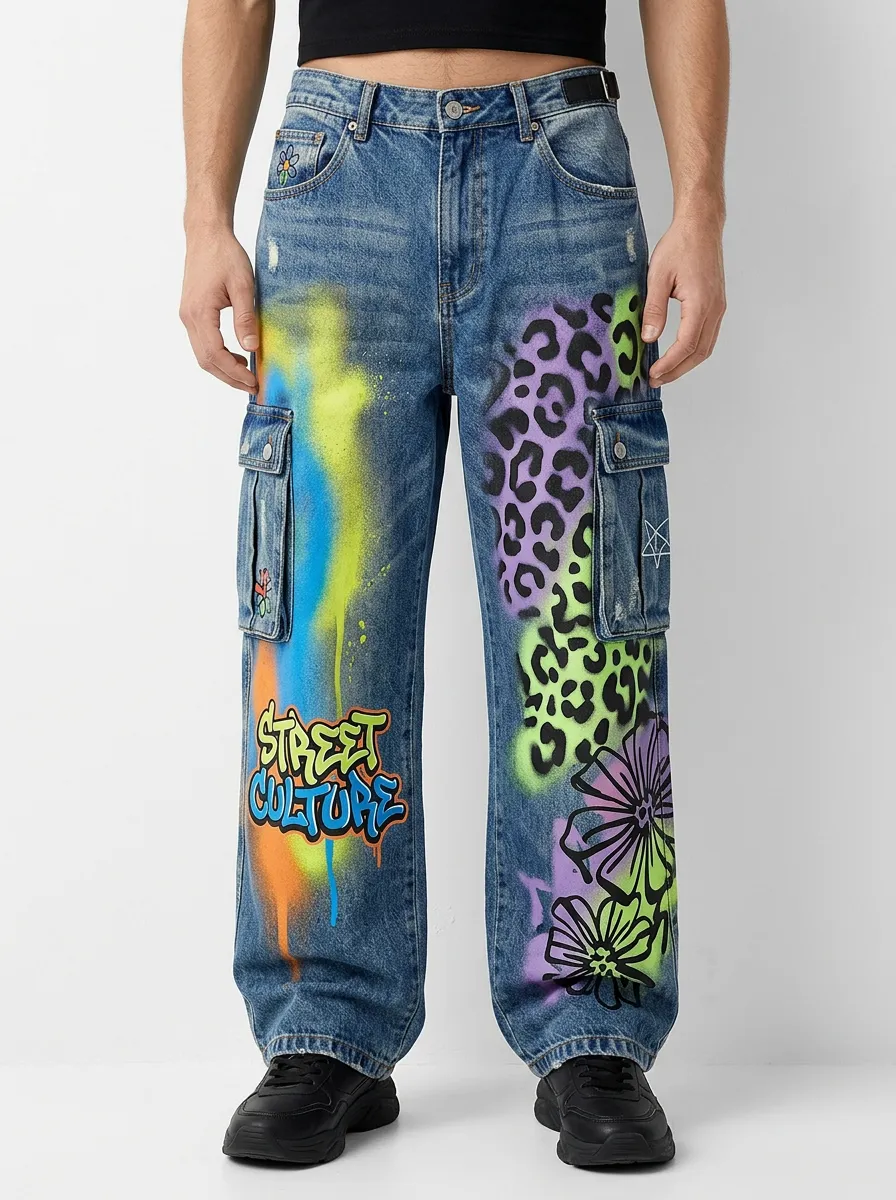 Men's Street Style Graffiti Leopard Floral Graphic Cargo Jeans