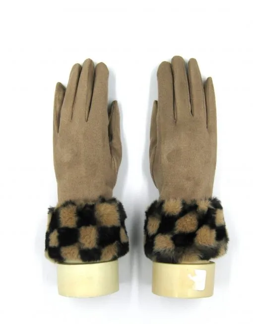 Checkerboard Fur Trim Gloves