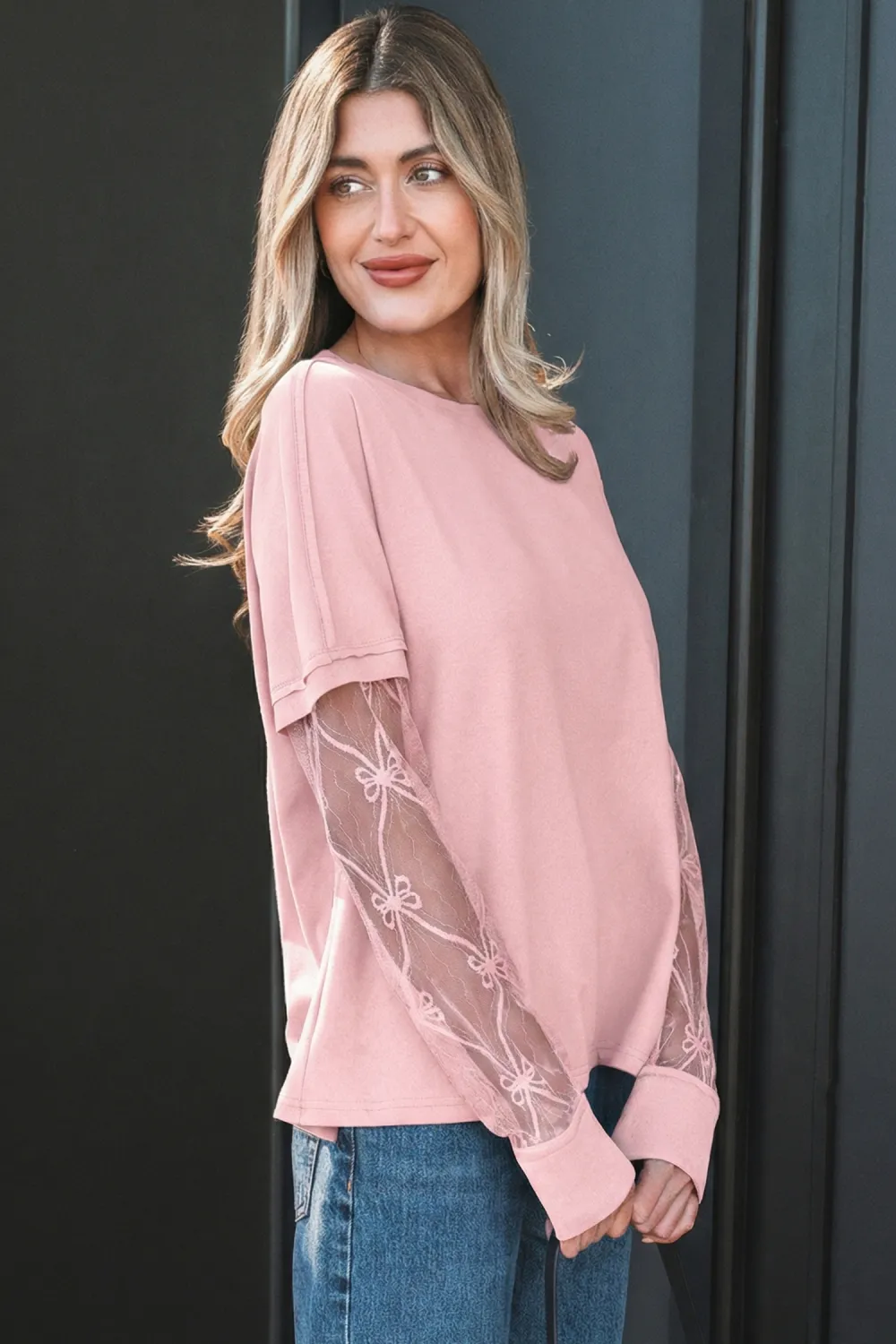 Light Pink Bow Textured Patchwork Tee
