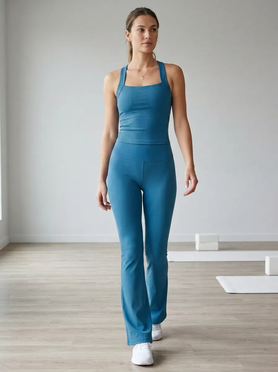 Women's Distinctive Ribbed Yoga Inspired Fitness Inspired Tank Top and Flare Pants Active Set