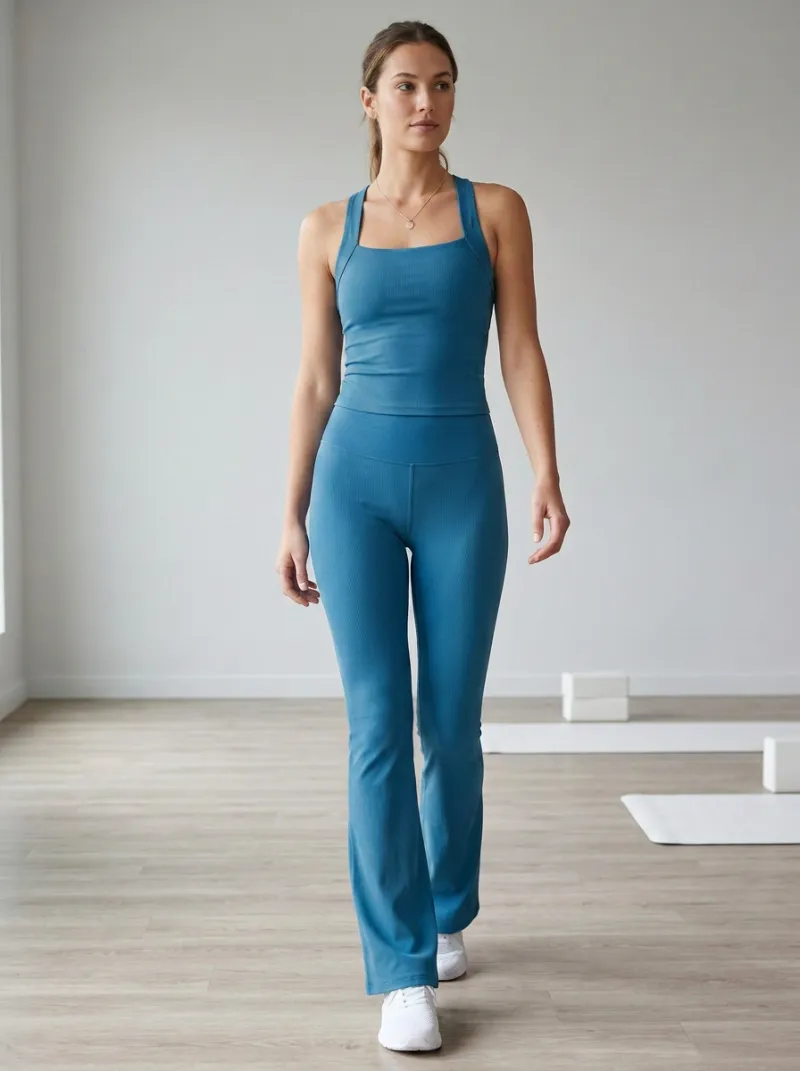 Women's Distinctive Ribbed Yoga Inspired Fitness Inspired Tank Top and Flare Pants Active Set
