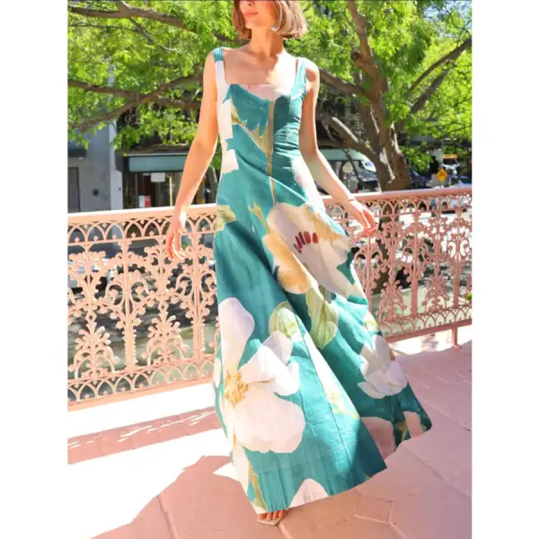Classic Floral Print Square Neck Maxi Dress