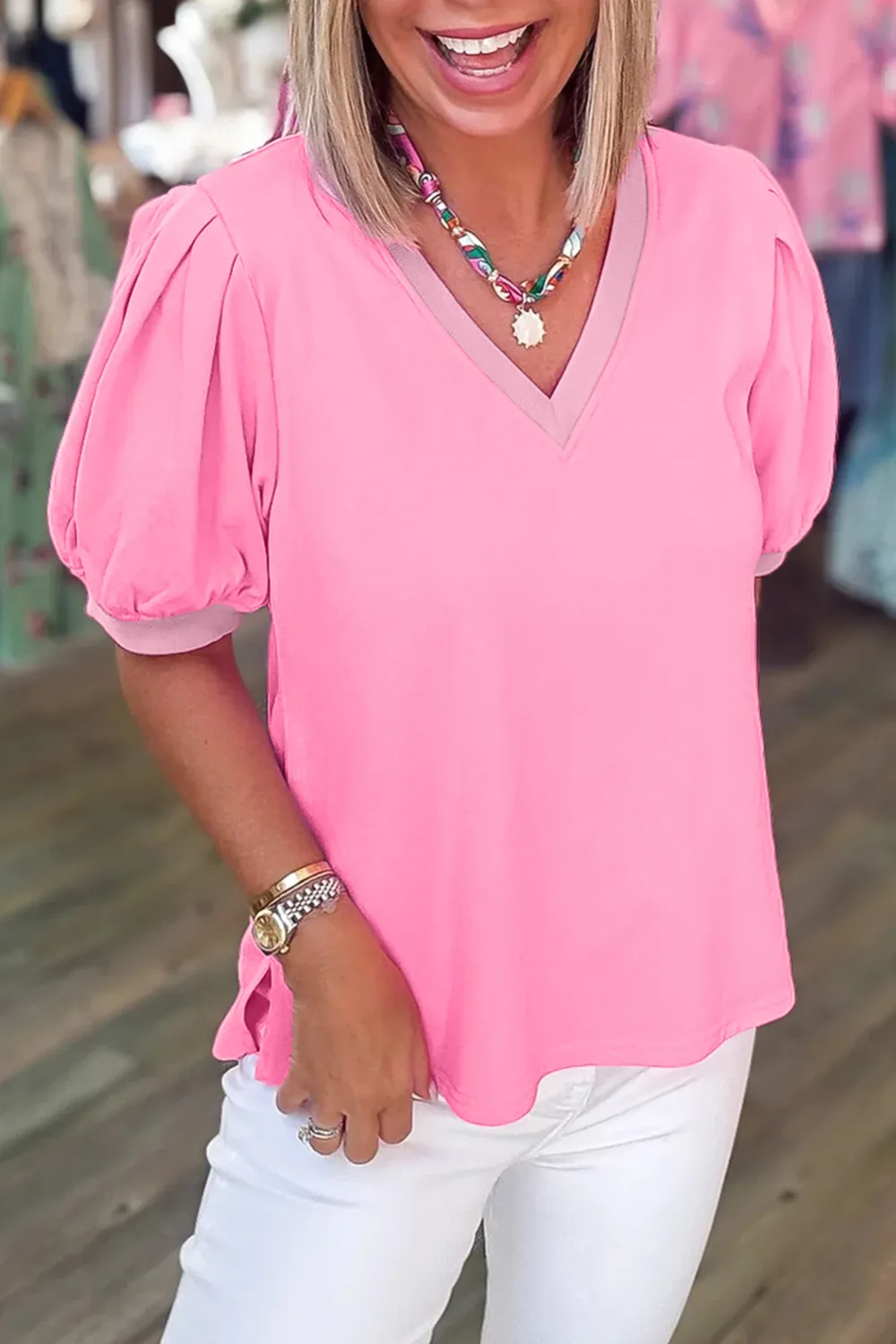 Bonbon V Neck Short Puff Blouse