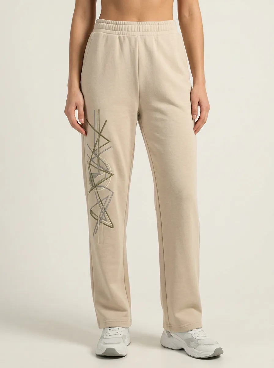 Women's Beige Minimalist Geometric Line Graphic Sweatpants