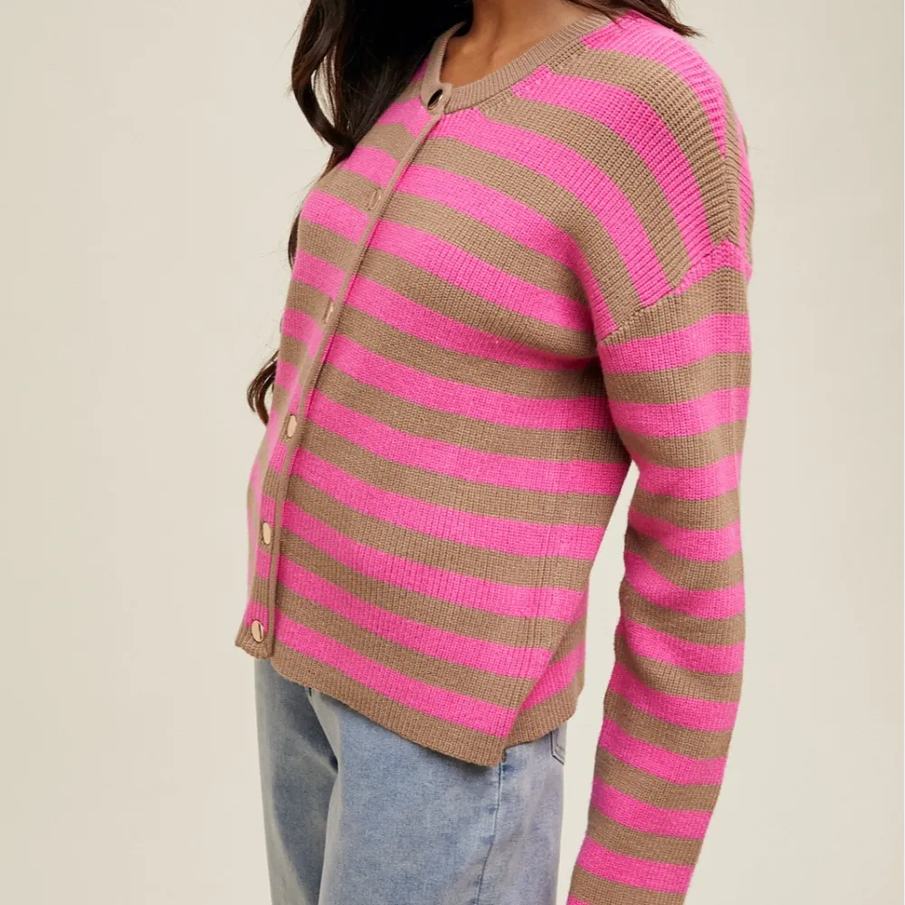 Refined Ribbed Button Front Dropped Shoulder Striped Cardigan