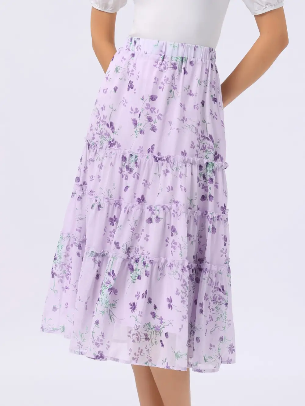 Chiffon Floral-Print Long Tiered Ruffle Boho Midi Skirt