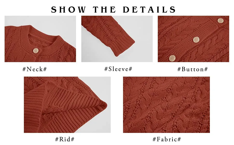 Women Loose Long Sleeve Crewneck Cable Knit Sweater Open Front Button Down Cardigan Soft Chunky Rid Outwear Coat