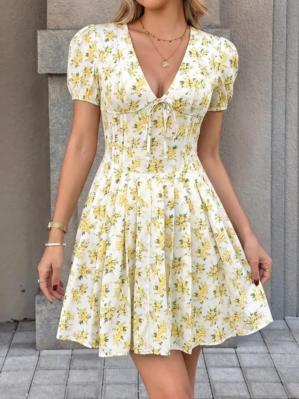 Comfort Fit Floral Printed V Neck Mini Dress