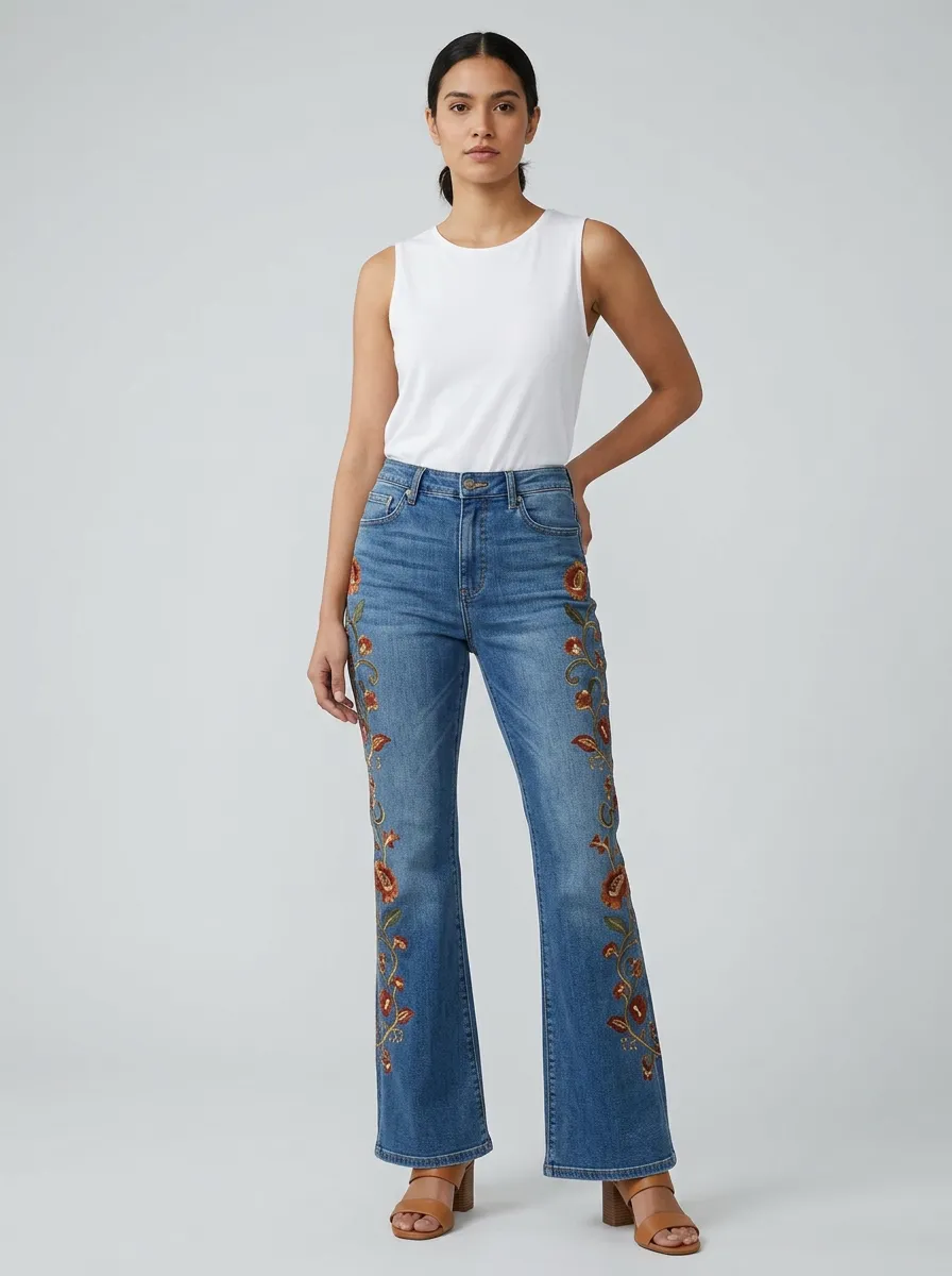Women's Artistic Medium Wash Floral Embroidery High-Rise Flare Jeans