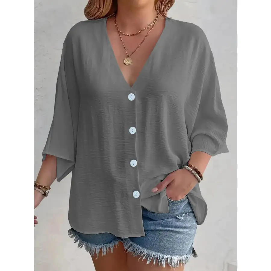 Full Size V Neck Button Down Shirt Plus Size