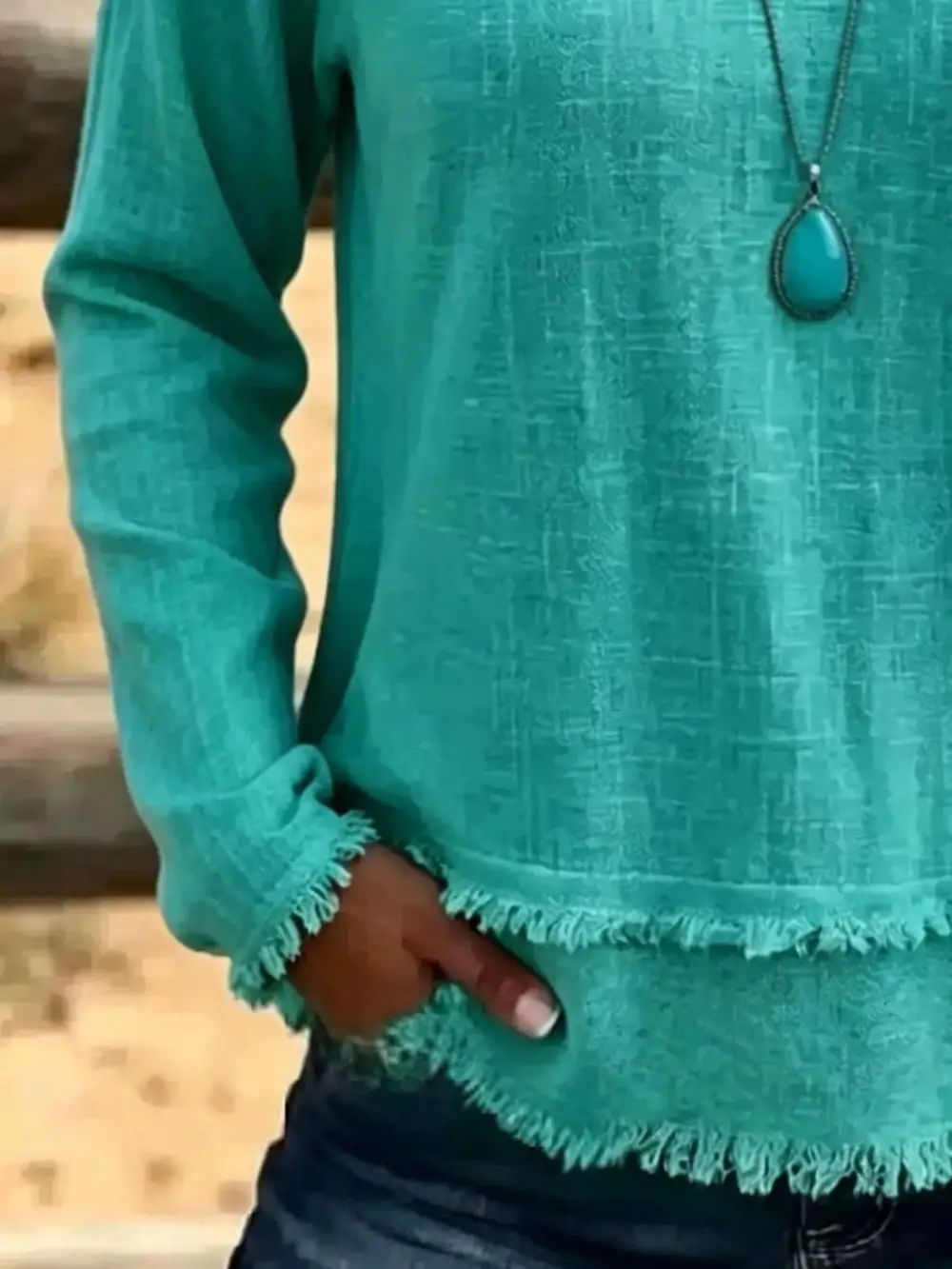 Long Sleeve V-Neck Frayed Hem Blouse