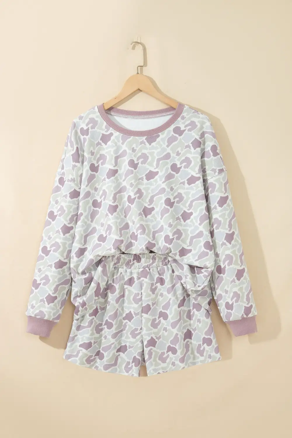 Women's Camouflage Waffle Knit Long Sleeve Top Casual Shorts Set
