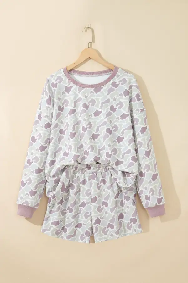 Women's Camouflage Waffle Knit Long Sleeve Top Casual Shorts Set