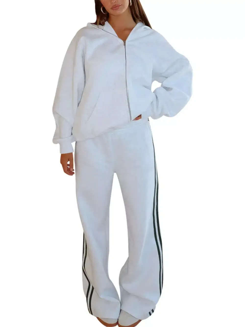 Zip Up Hoodie and Striped Pants Set