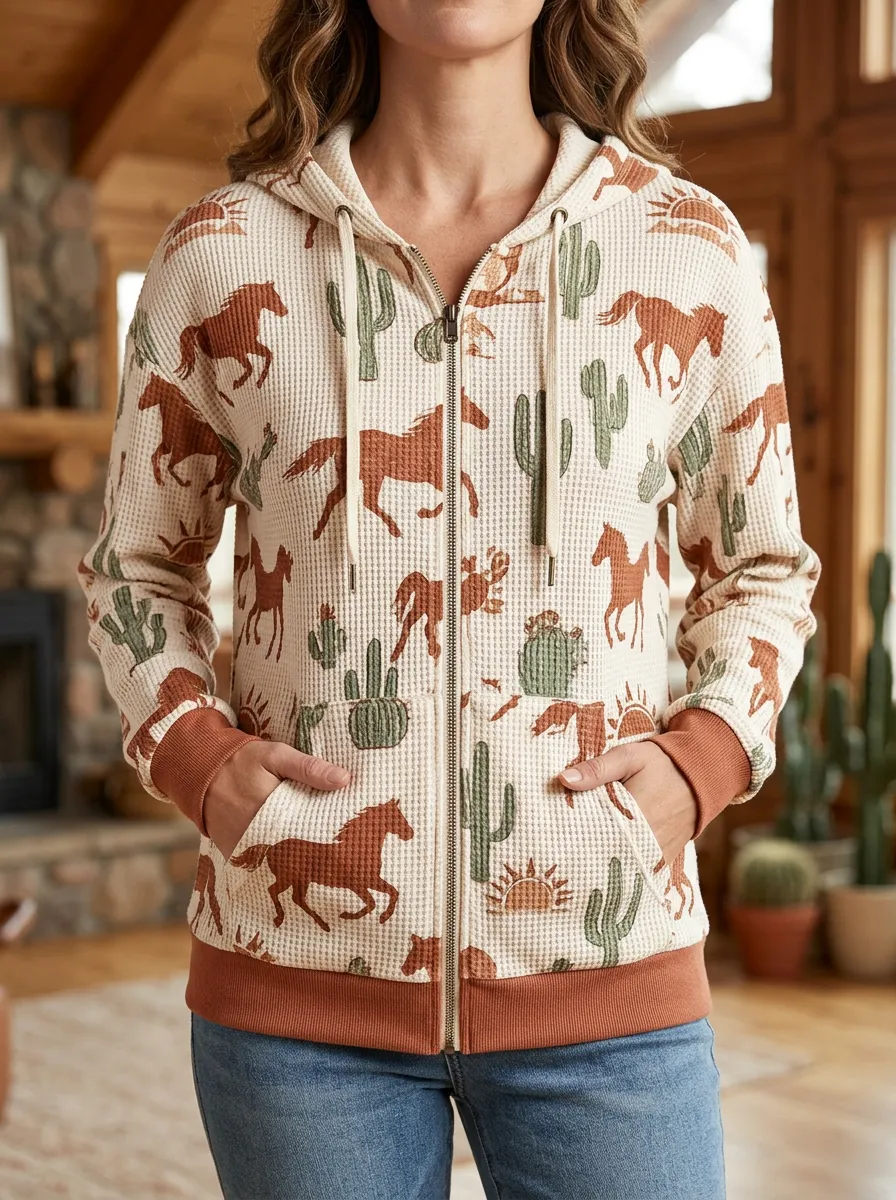 Women's Western Horse Cactus Desert Signature Styling Waffle Zip-Up Hoodie