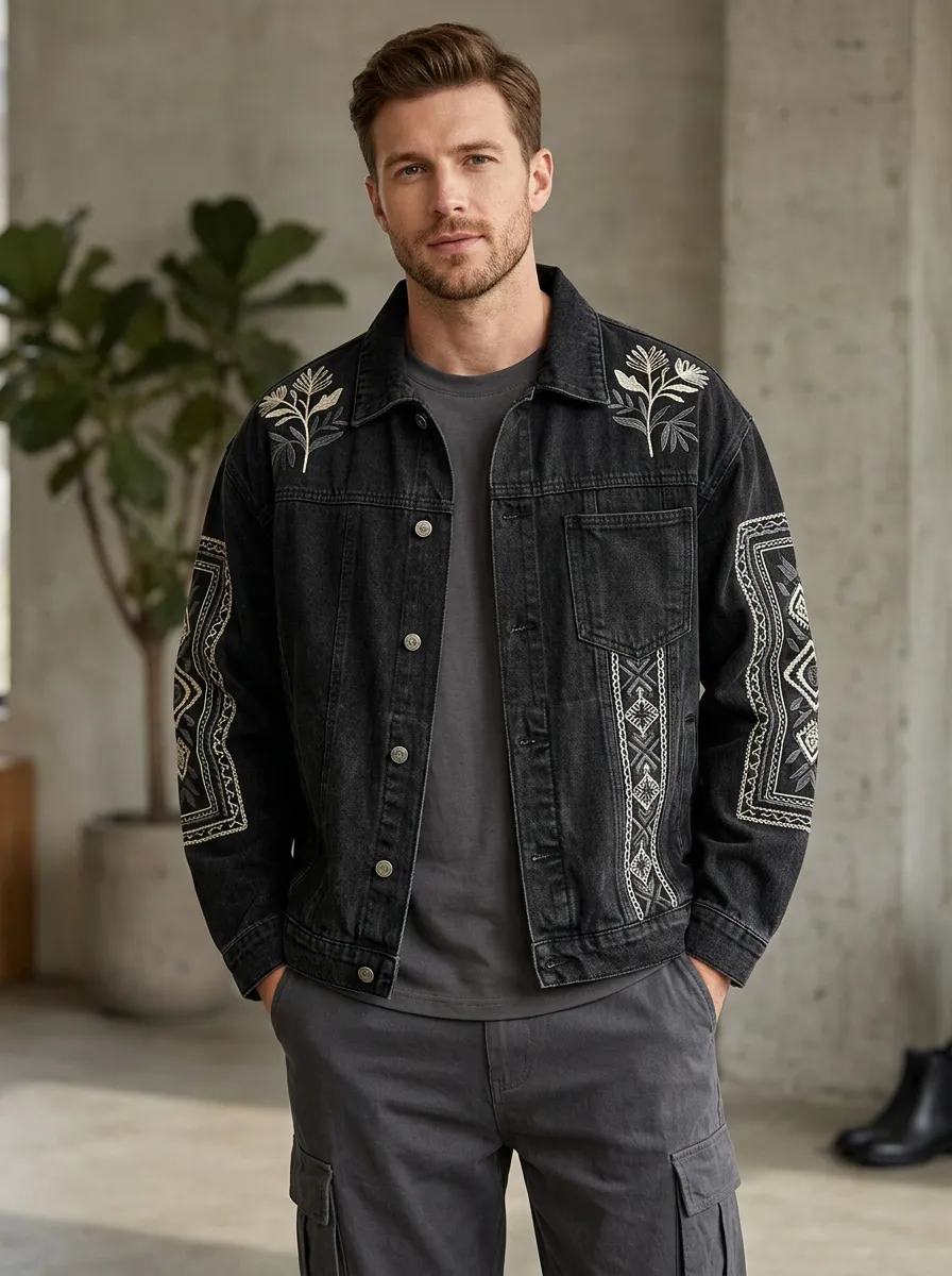 Men's Floral Geometric Embroidered Denim Jacket