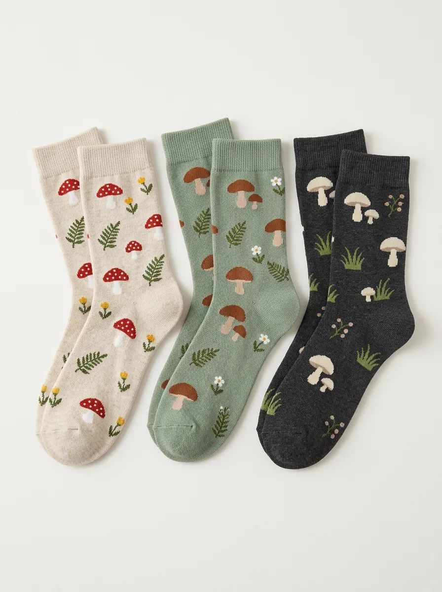 Women's Woodland Mushroom Wildflower Jacquard Crew Sock Set
