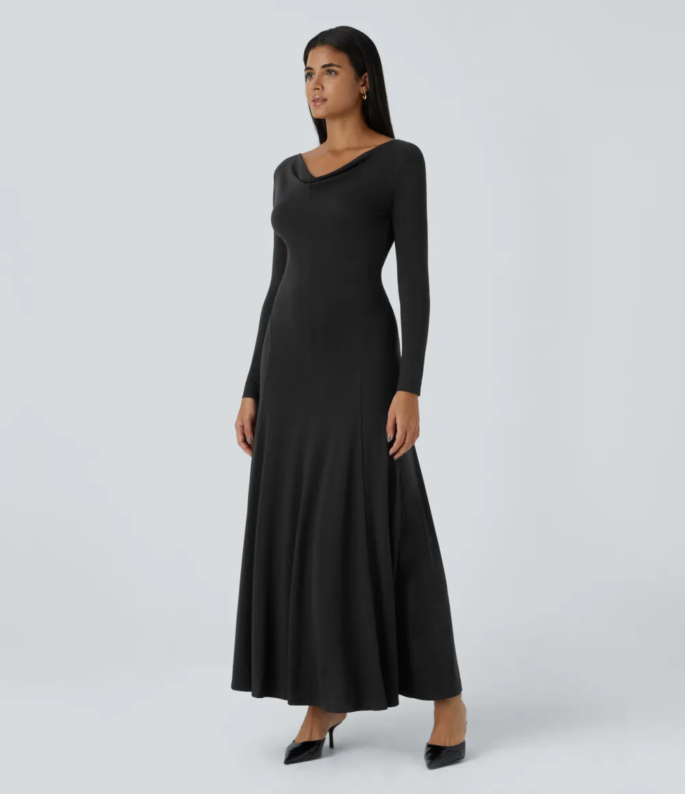 Cowl Neck Long Sleeve Flowy Flare Maxi Casual Dress