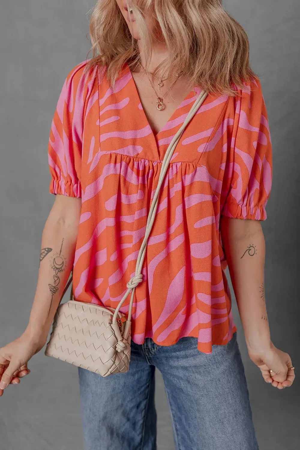 V-Neck Half-Sleeve Zebra-Stripe Blouse