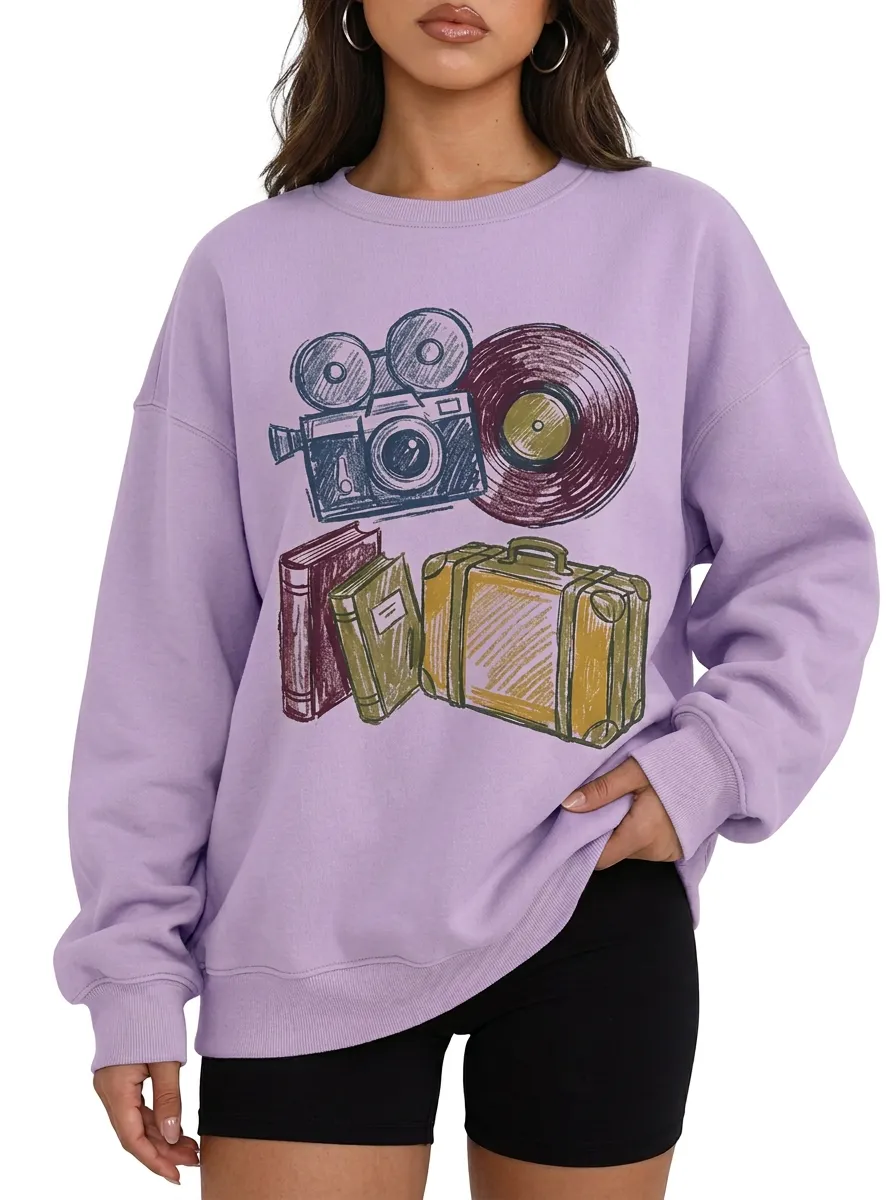 Women's Vintage Retro Hobby Camera Vinyl Book Suitcase Printed Sweatshirt