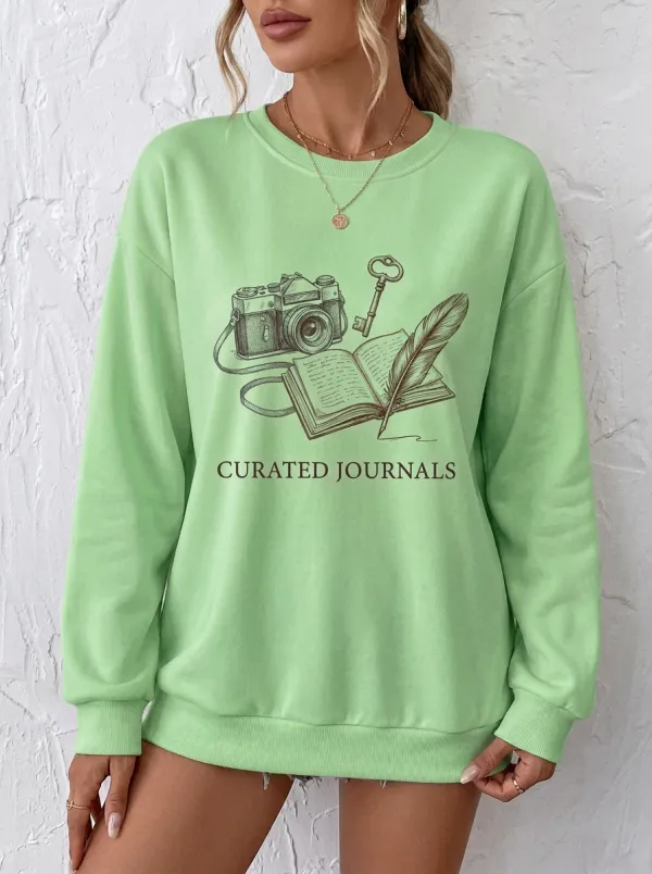 Women's Writer Photographer Curated Journals Camera Feather Printed Sweatshirt