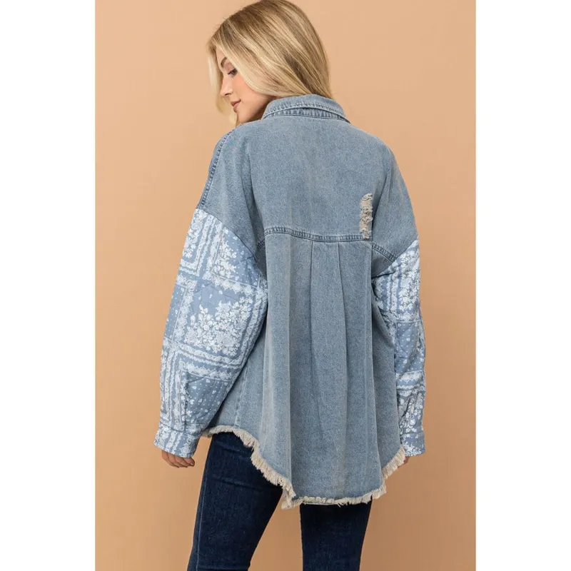 Plus Size Paisley Print Quilted Sleeves Denim Jacket