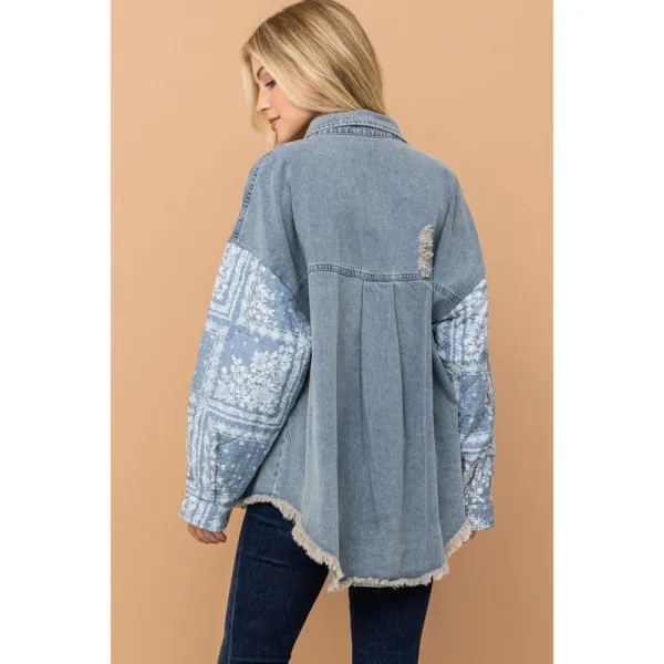 Plus Size Paisley Print Quilted Sleeves Denim Jacket