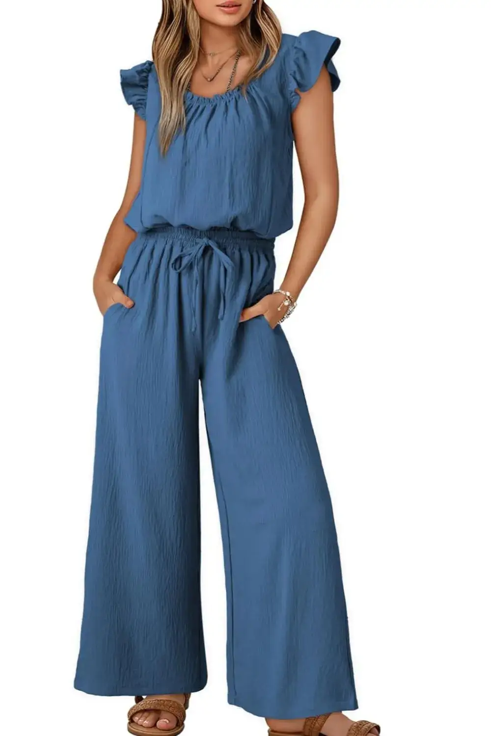 Ruffled Cap Sleeve Wide Leg Jumpsuit Accessory