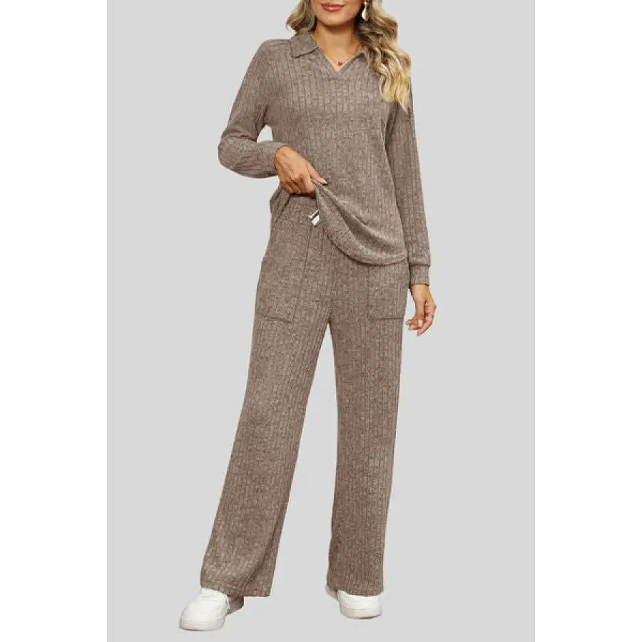 Ribbed Long Sleeve Top and Pocketed Pants Set