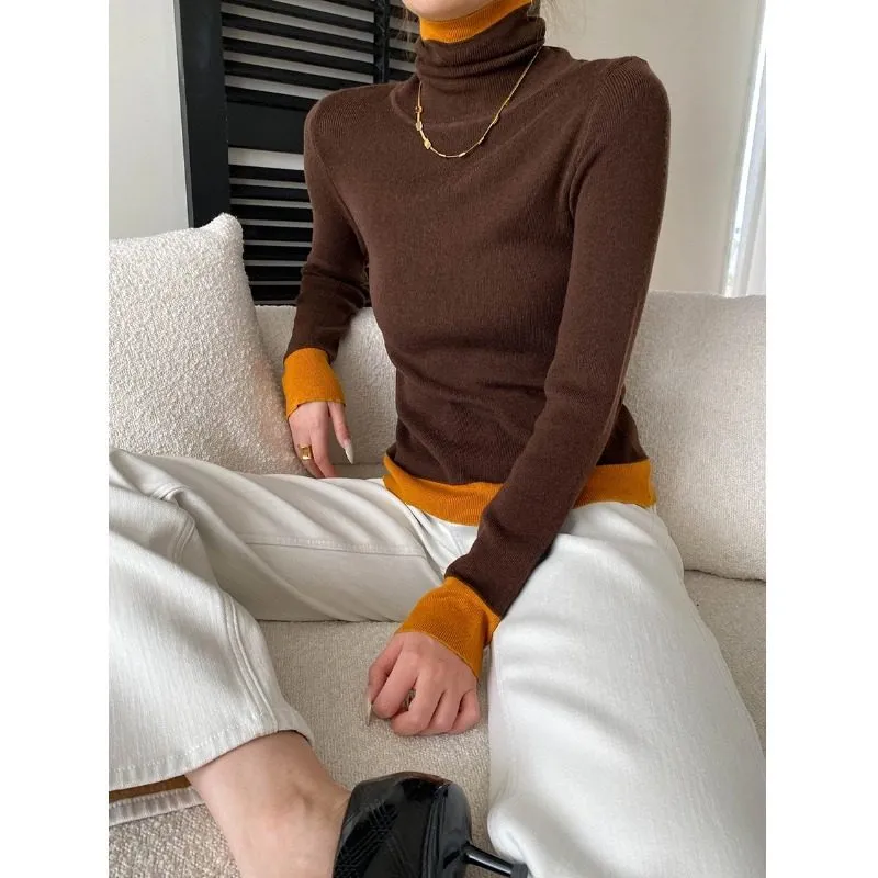 Tailored Color Block High Neck Fitted Knit Sweater