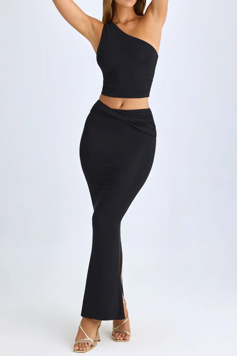 Mid-Rise Asymmetric Pleated Long Skirt