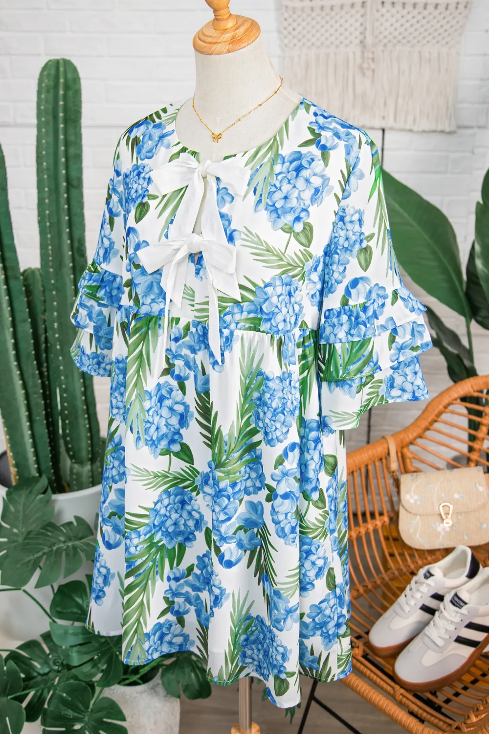 Blue Floral Ribbon Ruffle Dress