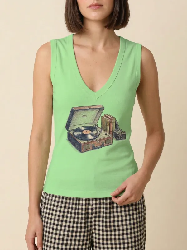 Women's Vintage Record Player Books Camera Printed Tank Top