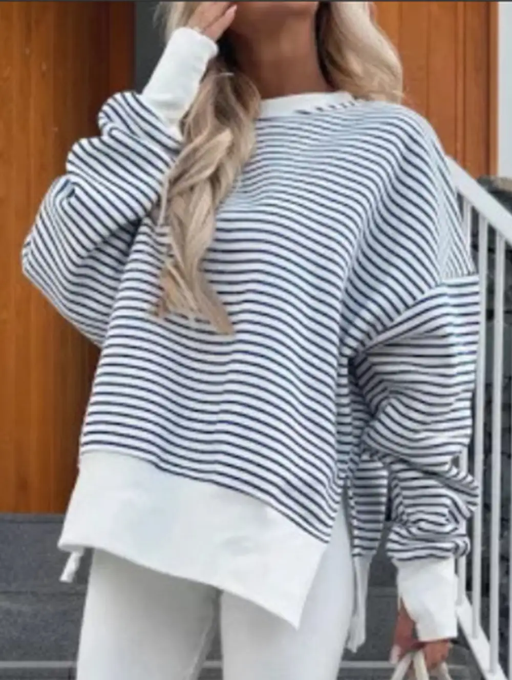 Crew Neck Striped Pullover Sweatshirt