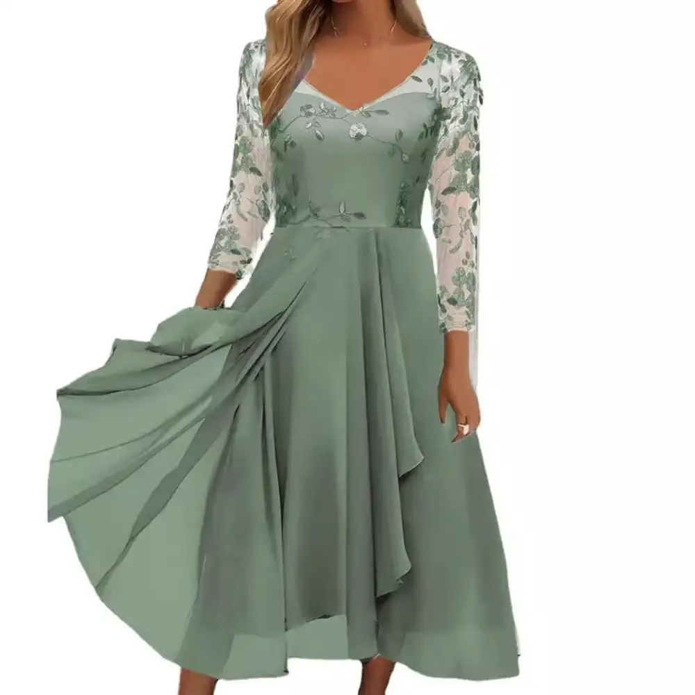 Women's Bodycon V-Neck Three-Quarter-Sleeve Chiffon Midi Dress