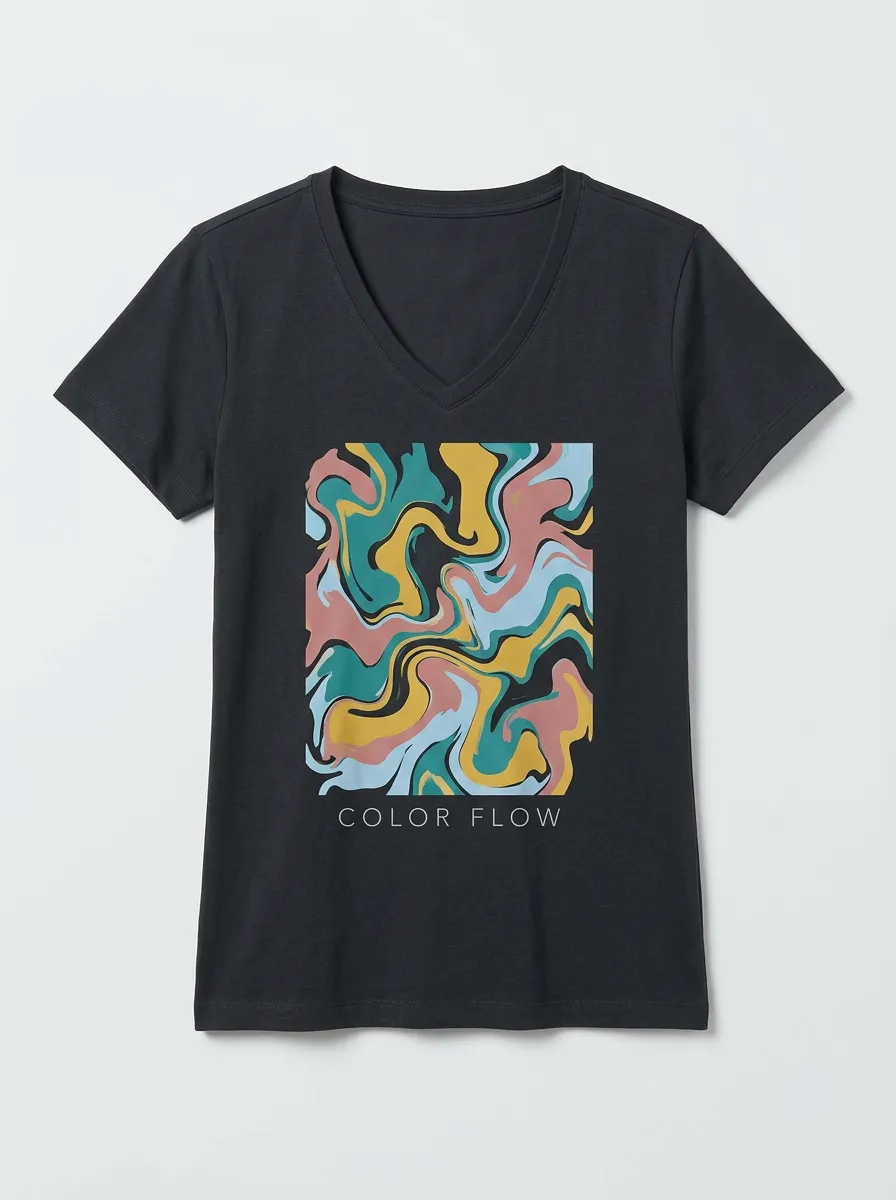 Women's Abstract Art Color Flow Marble Printed V-Neck T-Shirt