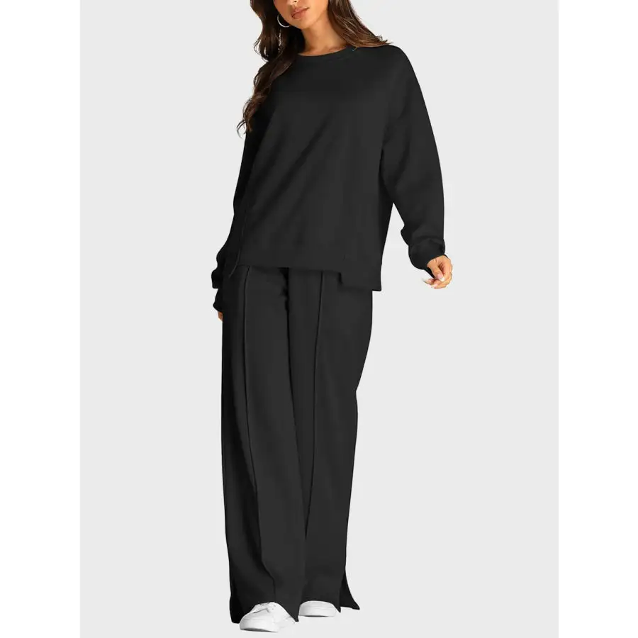 Round Neck Long Sleeve Top and Slit Pants Set